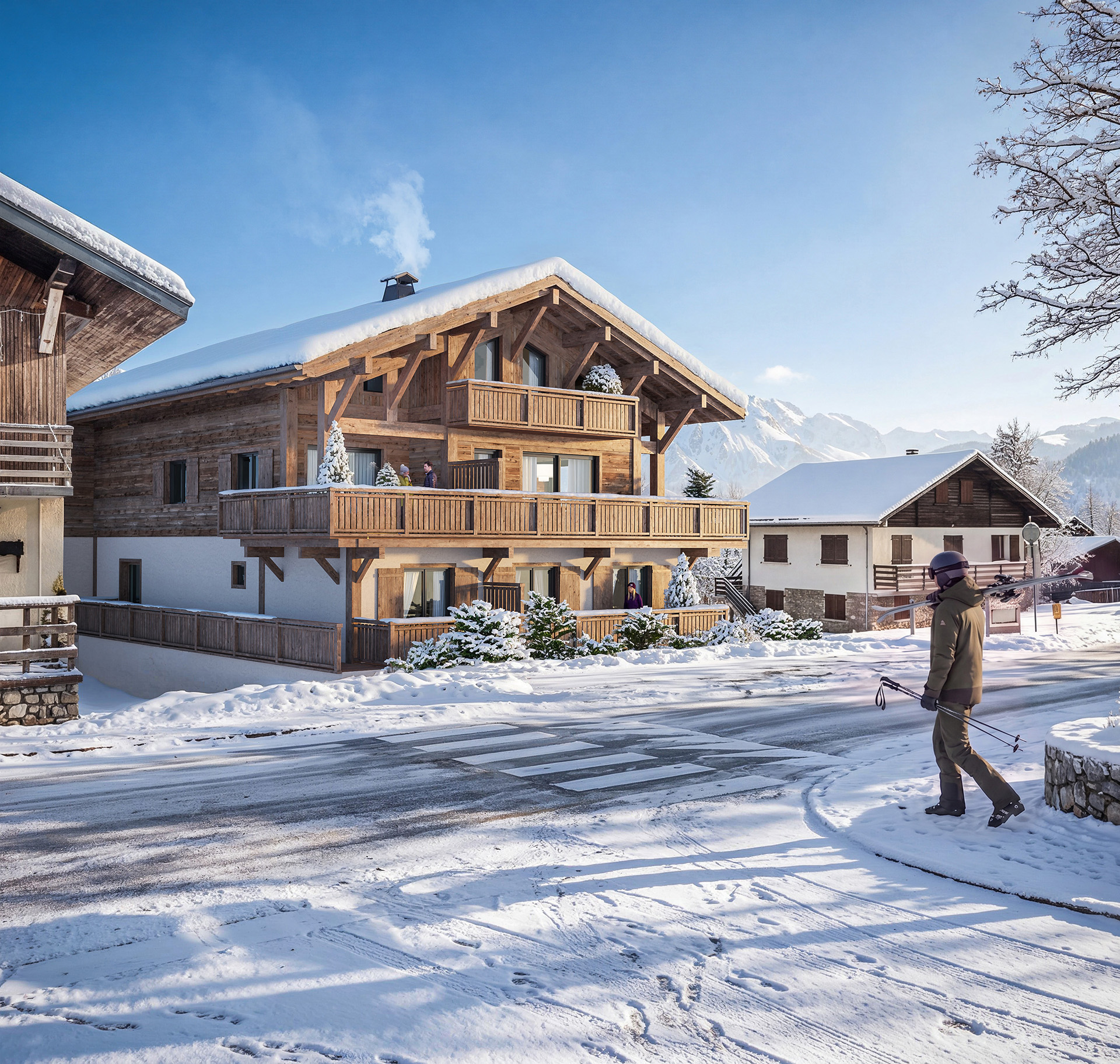 Façade du programme La Forge sous la neige à Crest-Voland — perspective d'artiste