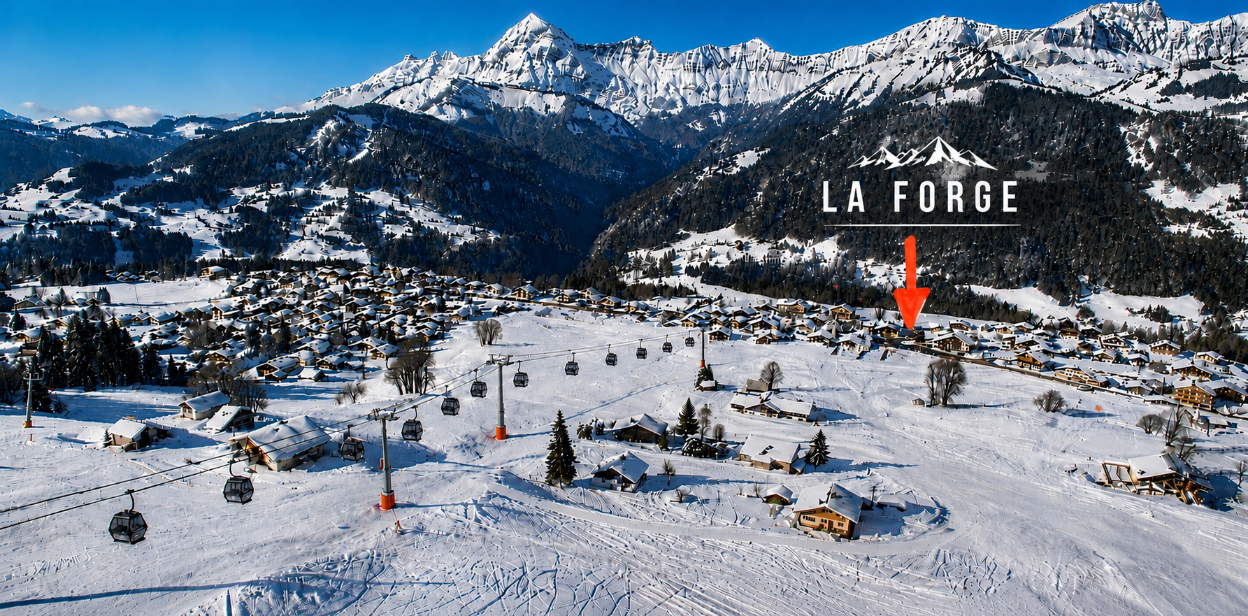 Vue aérienne de Crest-Voland sous la neige, situant le programme La Forge au cœur du village, au pied des pistes et des télécabines