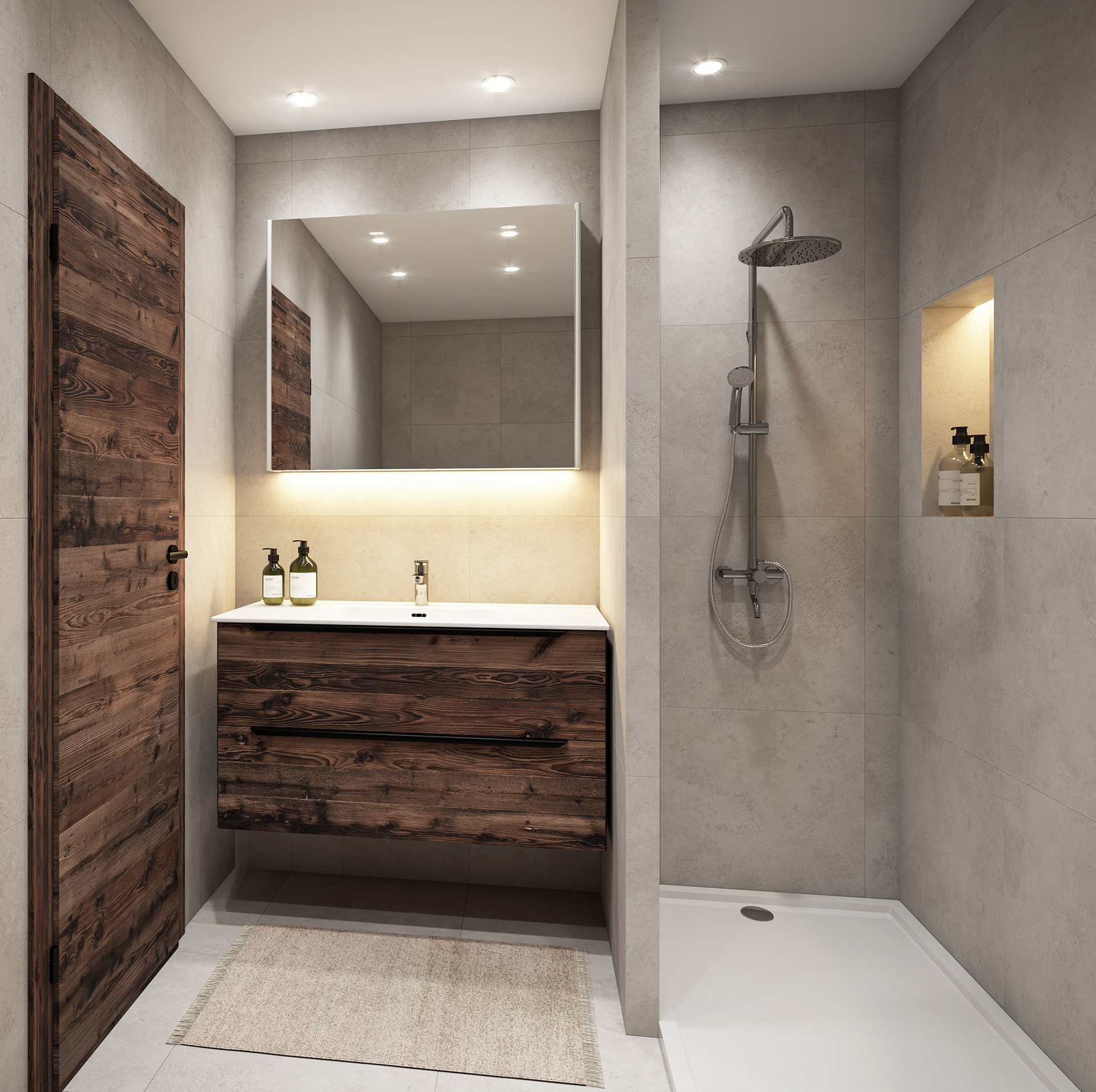 Salle de bains en marbre et bois nobles — perspective d'artiste
